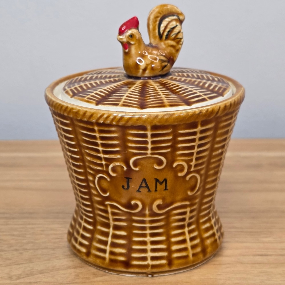 Vintage 1950s Rooster Jam Jar‎ Basket Weave Wicker Japan Brown Ceramic